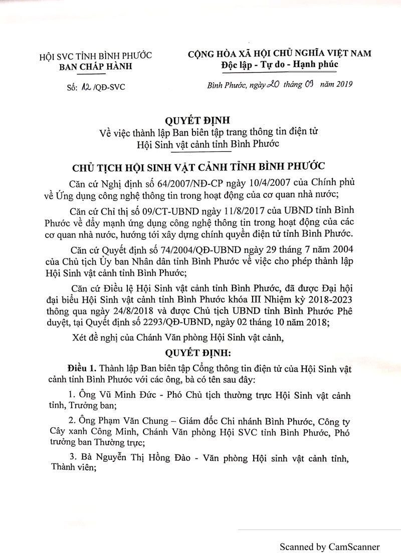 Quyết định thành lập Ban Biên tập Trang Thông tin điện tử Hội Sinh vật cảnh Bình Phước